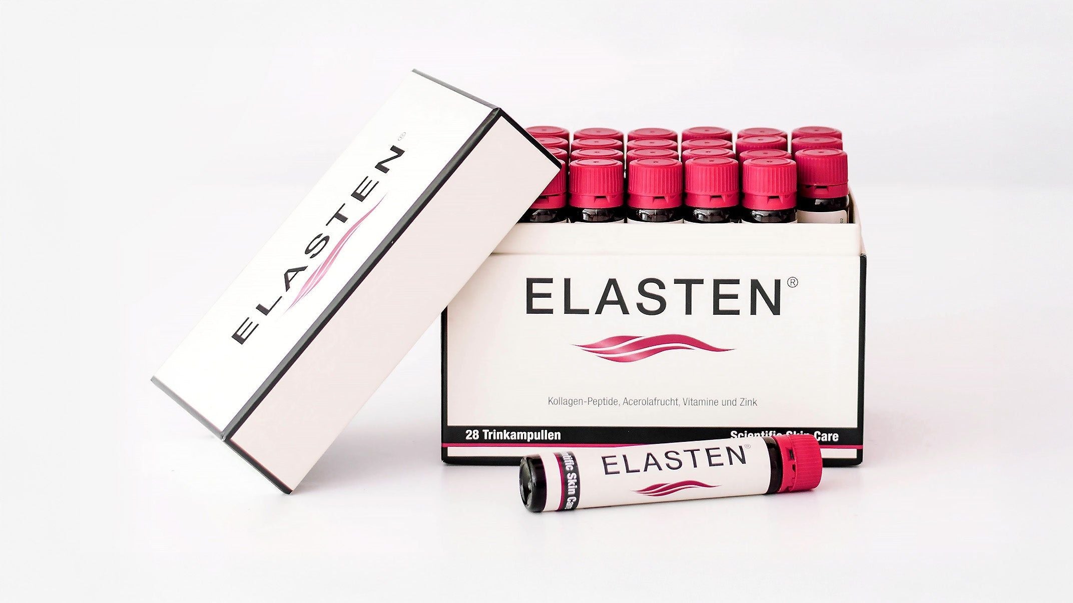 Eine Packung ELASTEN® mit 28 Trinkampullen und geöffnetem Deckel
