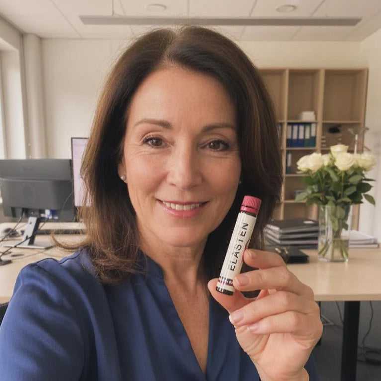 Glückliche Anwenderin macht ein Selfie und hält ELASTEN® Trinkampulle in der Hand